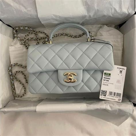 chanel 21k light blue|Chanel mini with adjustable strap.